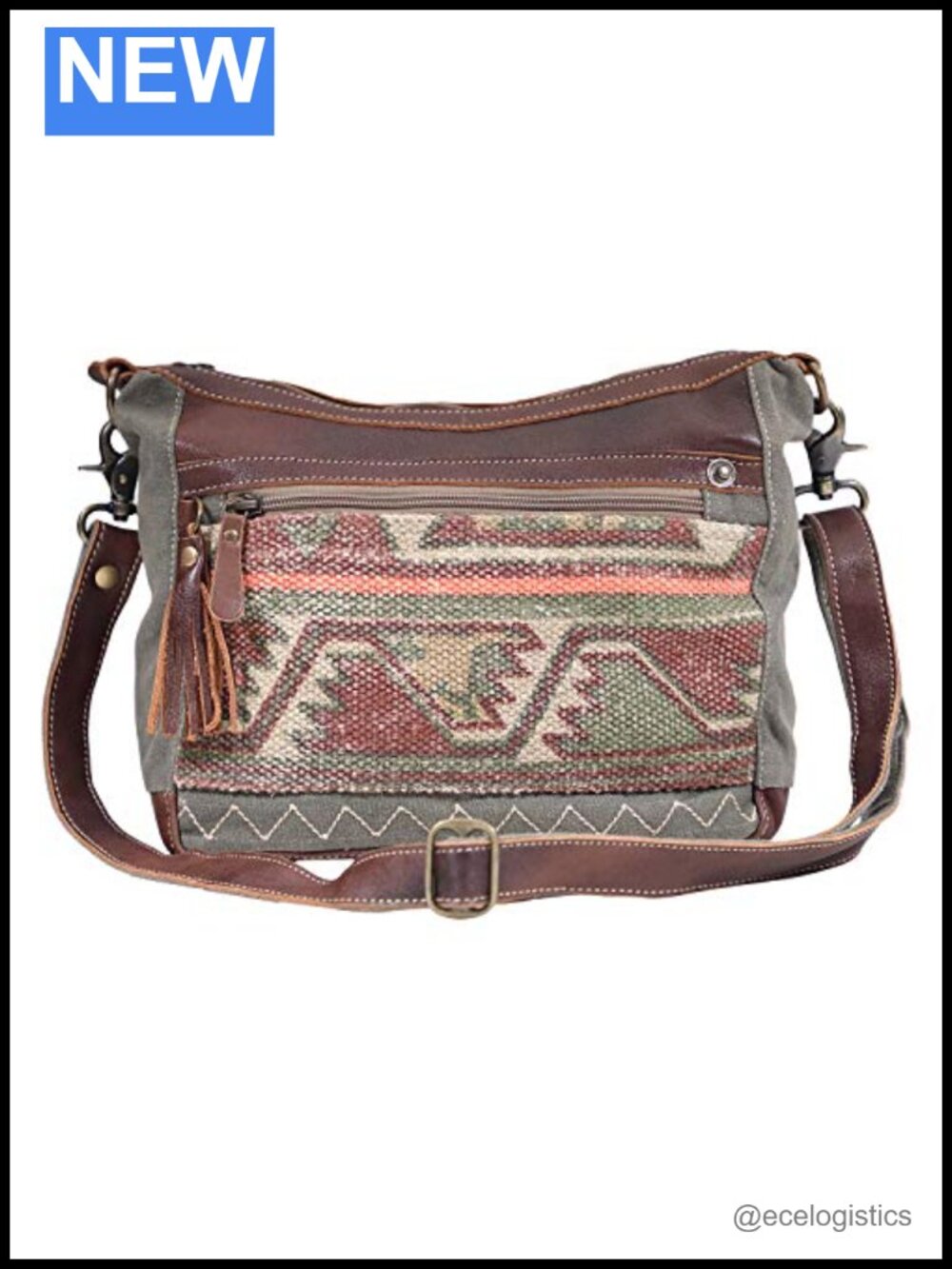 Canvas Boho Shoulder Bag with Real Leather Trim - Aztec Pattern Hippie Purse